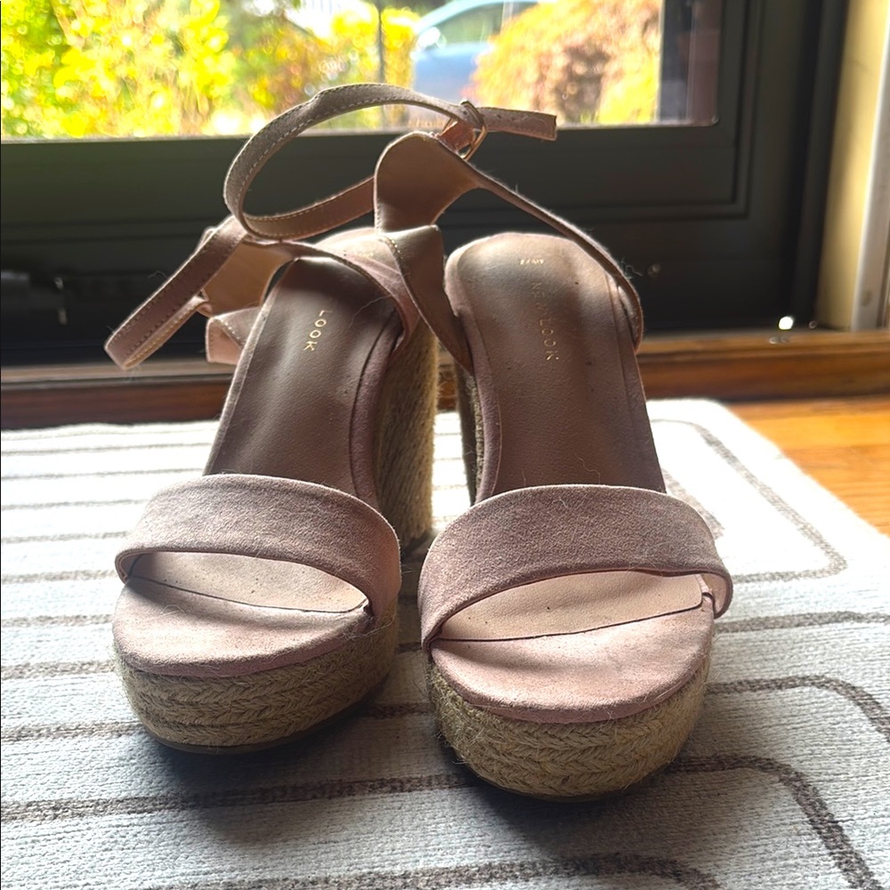 Suede Ankle-Strap Espadrille Wedge Sandals in Blush